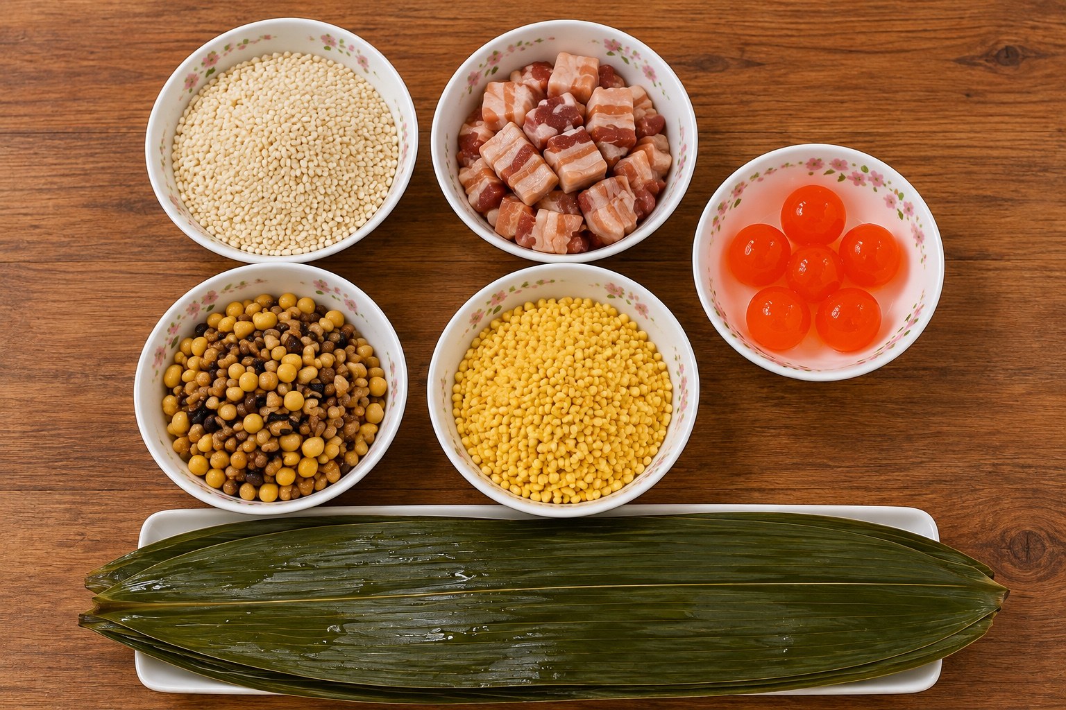 點點玉粽精選食材:米、豬肉、鹹蛋黃、豆類及粽葉