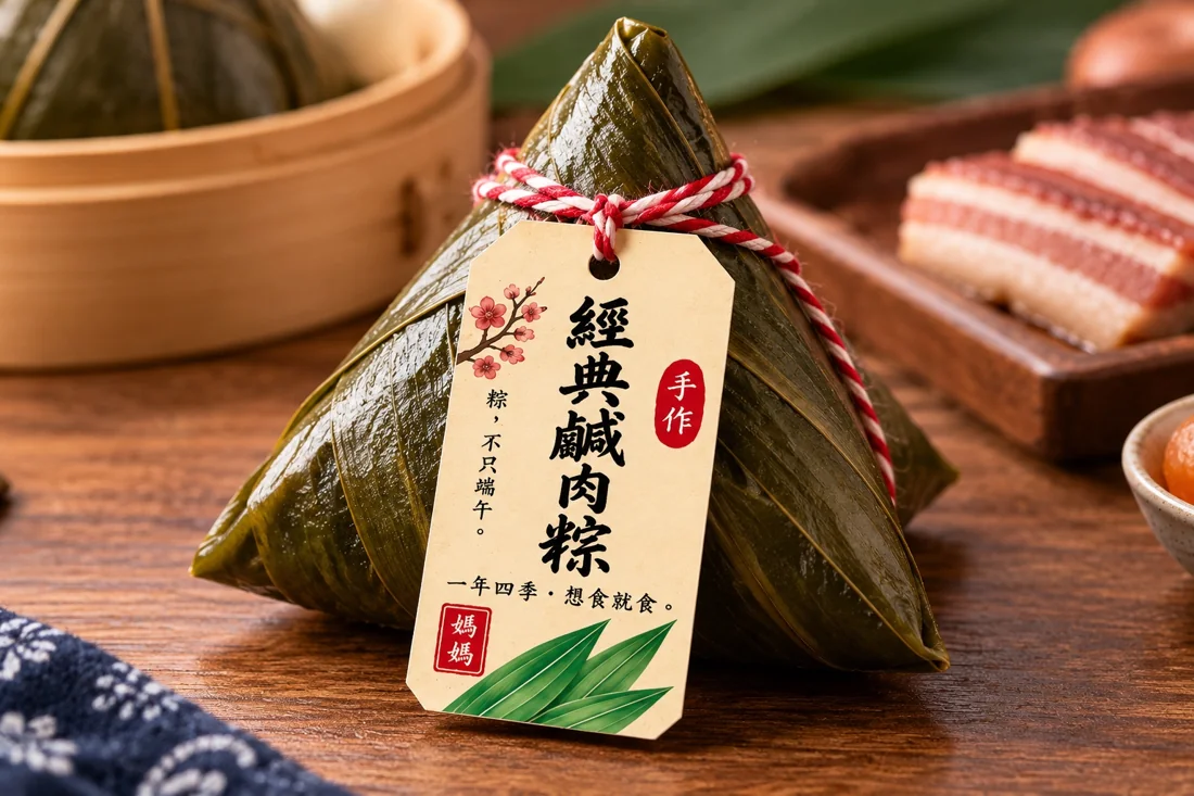 經典鹹肉粽實物及產品標籤照片